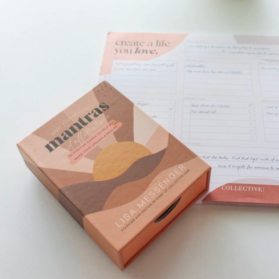 box card set on table next to agenda pad.