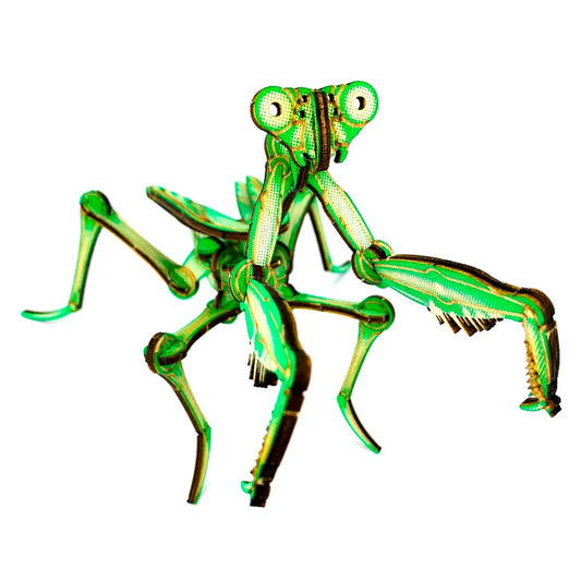 Assembled green mantis model in laser-cut birch plywood, front view facing forward
