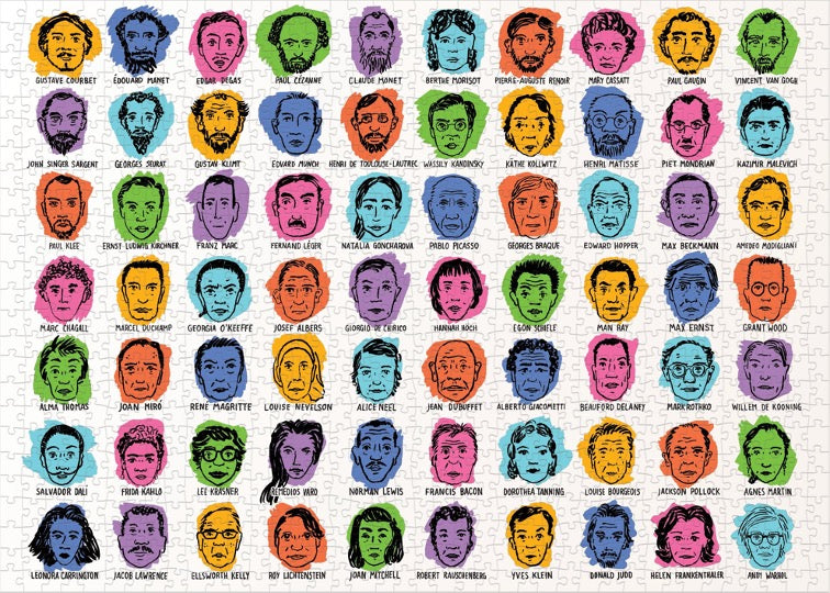 Modern artists puzzle with colorful illustrations of modern artists. 1000 pieces.