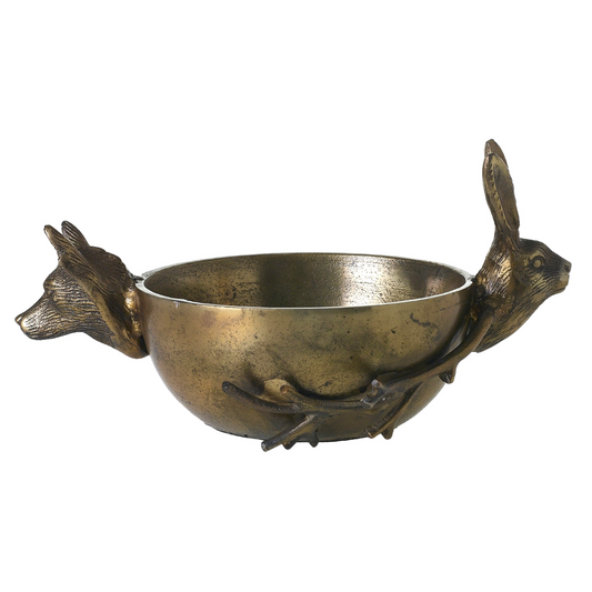 Eric & Eloise handle bowl in antique brass with a fox head handle, rabbit handle and branch detail