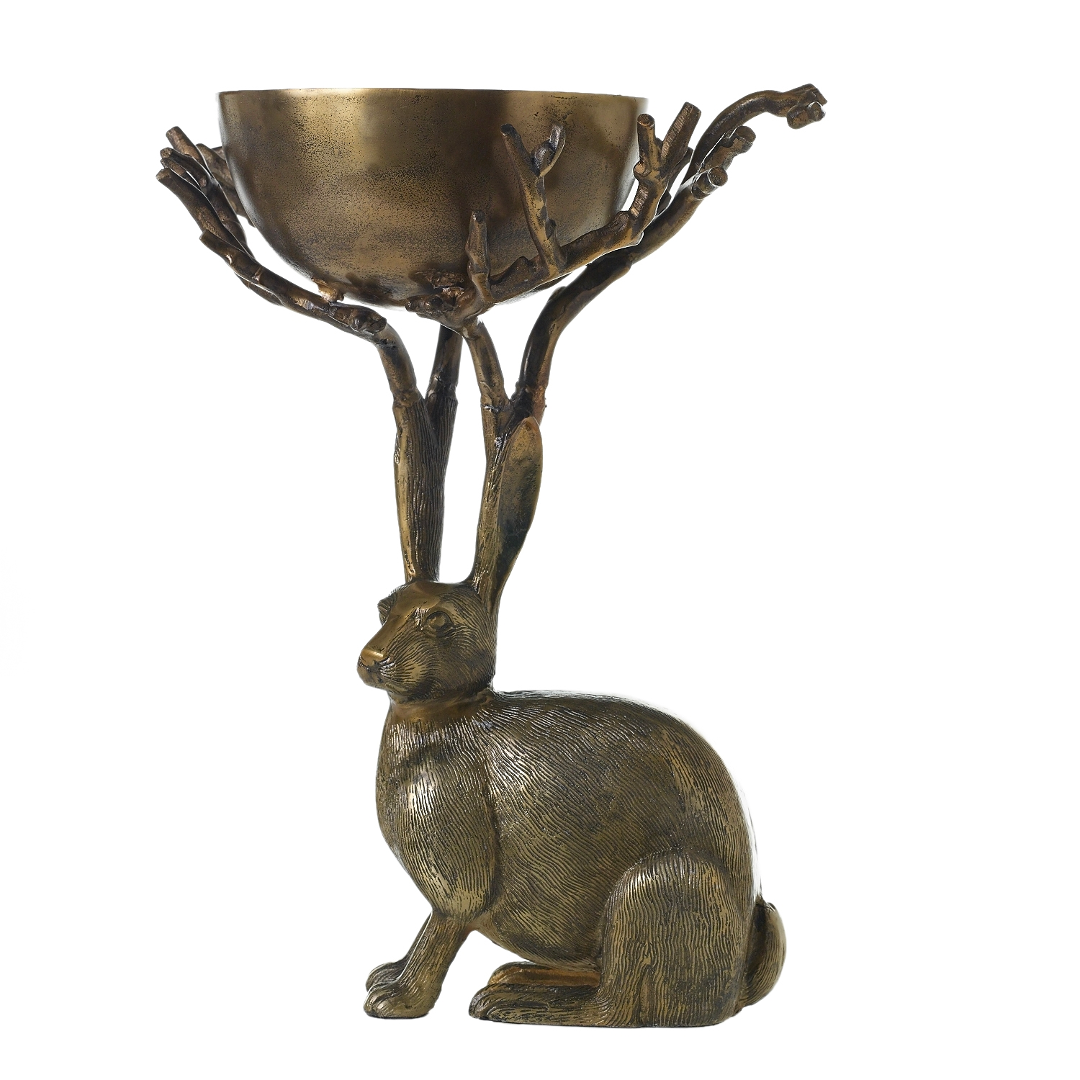 Eric branch bowl in an antiqued brass finish, a seated hare whose branch-like antlers hold a round bowl