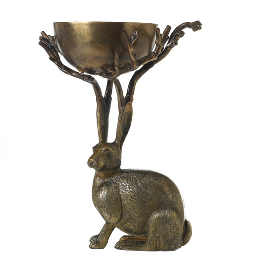 Eric branch bowl in an antiqued brass finish, a seated hare whose branch-like antlers hold a round bowl