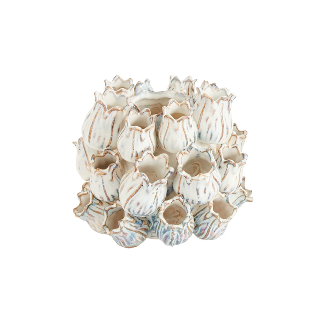Small round Marine vase covered in cream ceramic flowers with blue and brown glaze tints