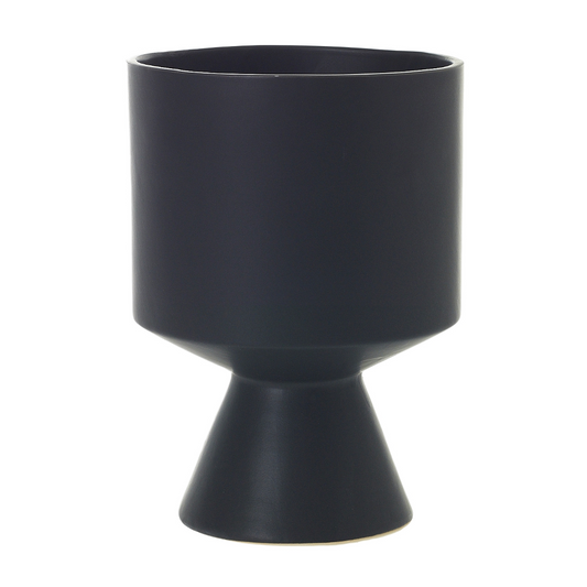 De Vil pot in matte black ceramic with a straight cylinder top on a flared cone pedestal base