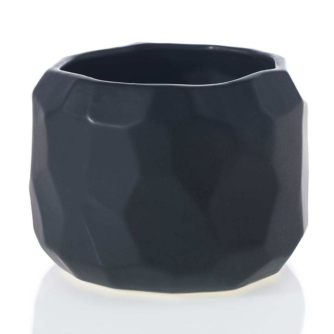 Miro pot with a wider squat faceted silhouette in matte black, alternate straight-on view