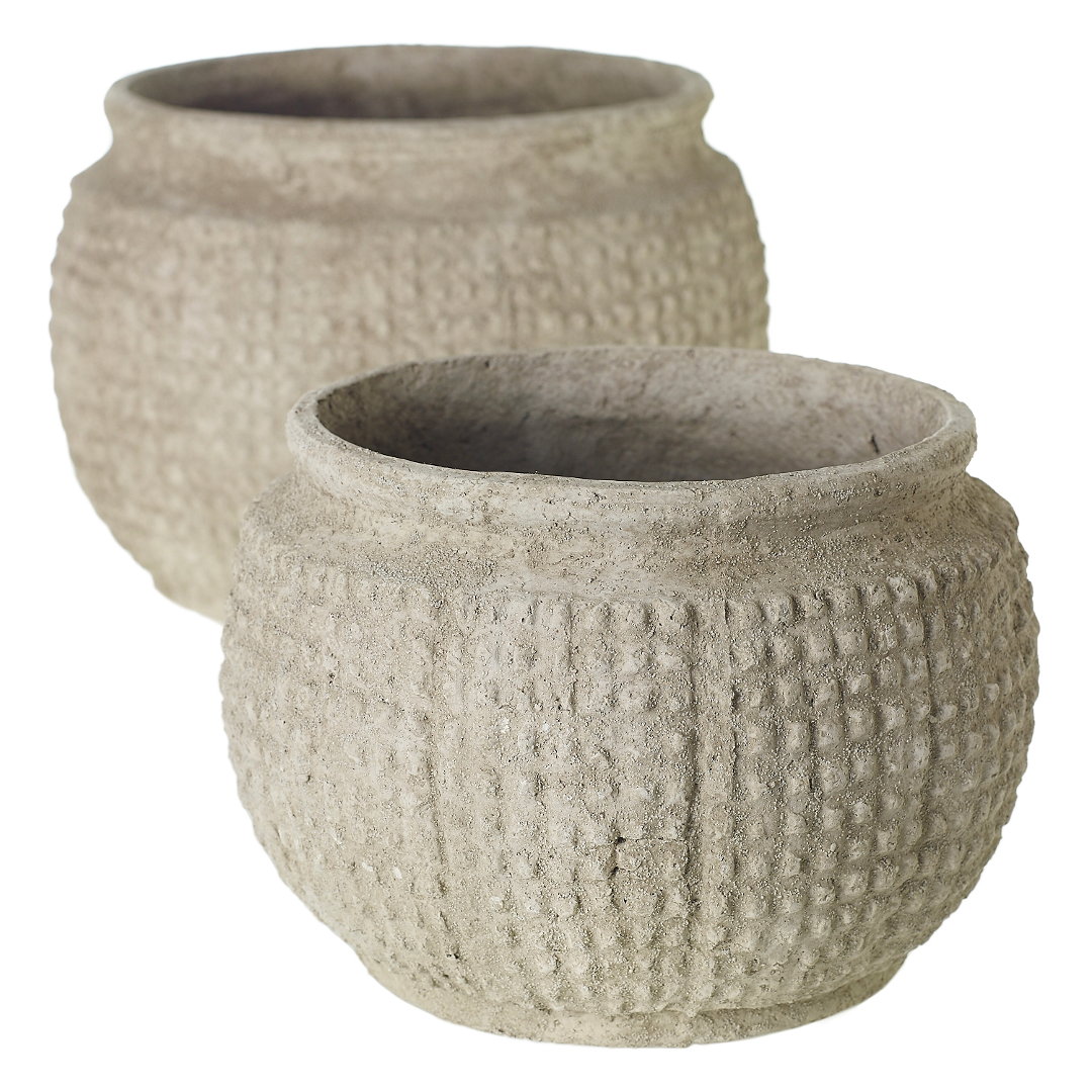 Kemble pots in two sizes, sandy gray with a raised dot texture and rolled rim