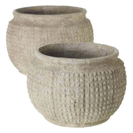 Kemble pots in two sizes, sandy gray with a raised dot texture and rolled rim