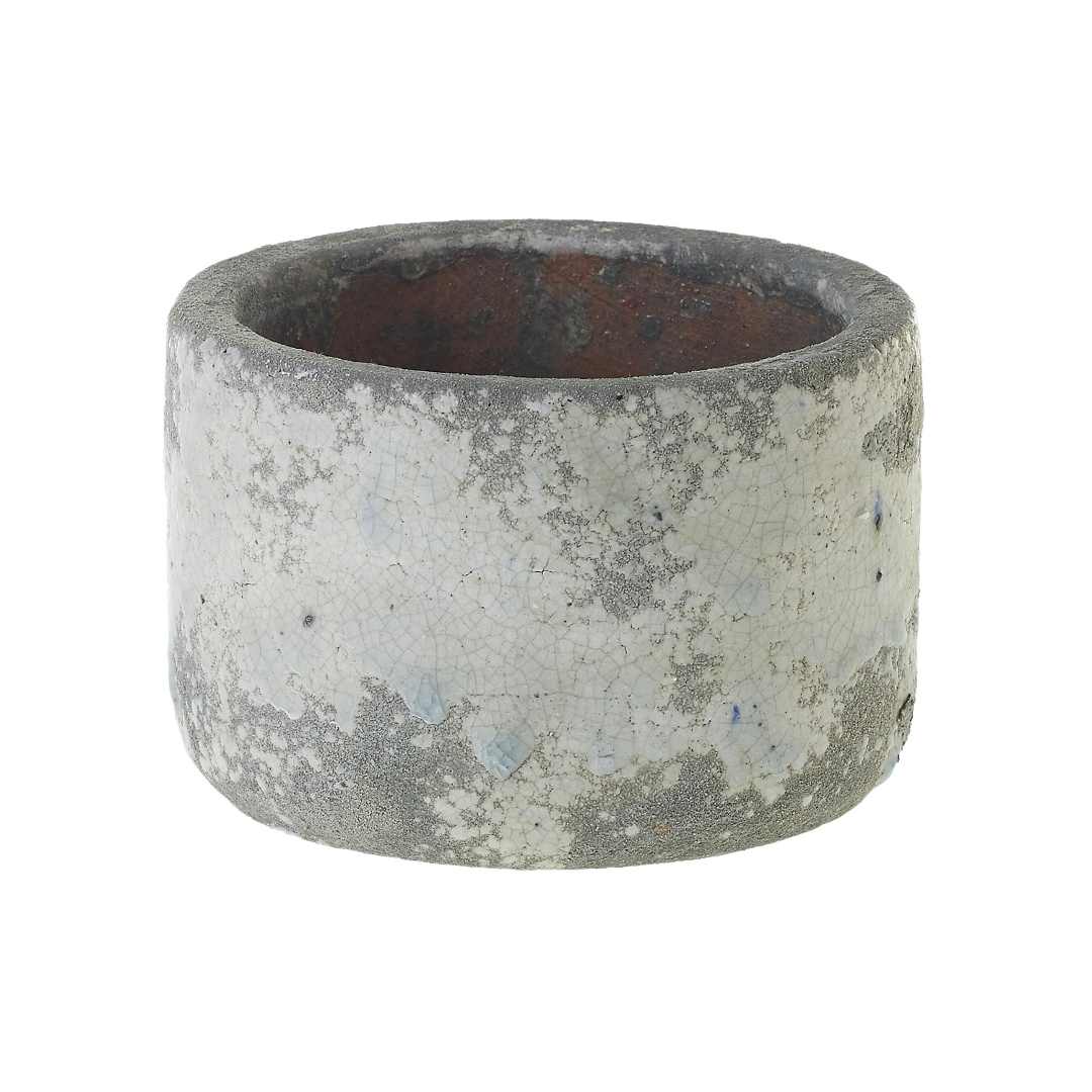Shortest, widest Rhodes pot, a low cylinder with mottled gray crackle glaze and rust-brown interior
