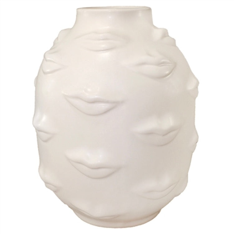 Gala round vase in matte white ceramic covered with sculpted lips on all sides