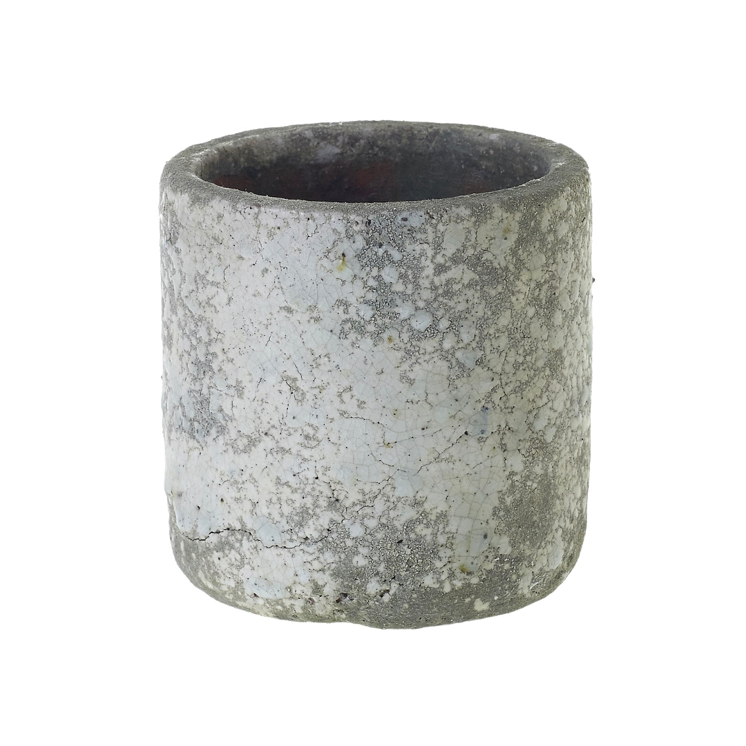 Small Rhodes pot, a squat cylinder with a crackled whitewashed gray surface, shown on white