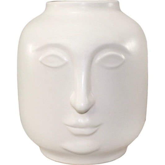 Maar vase in matte white with a sculpted relief face of almond eyes, a long nose and full lips