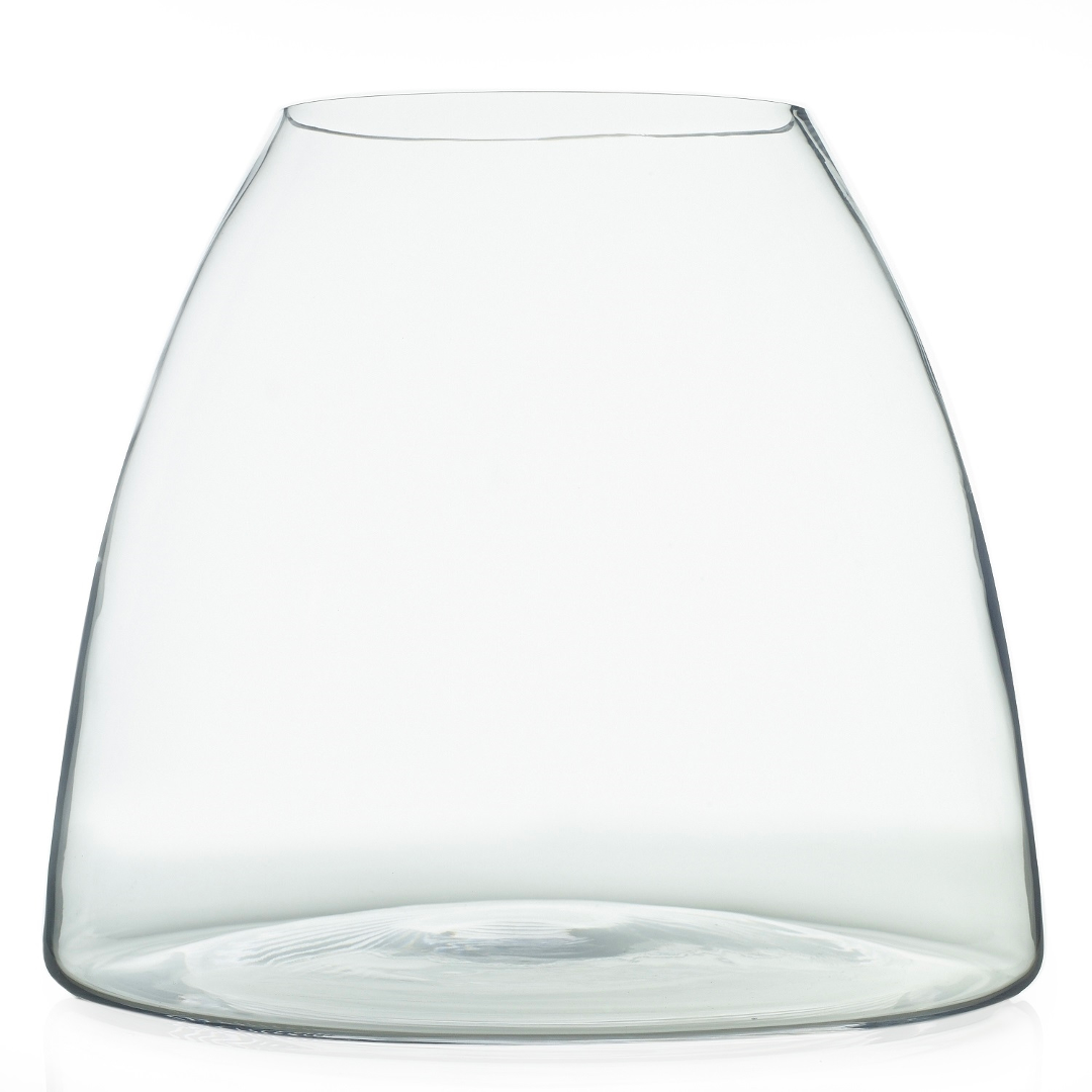 Jumbo terrarium, a large clear glass vessel with a wide flat base tapering to a slanted open top