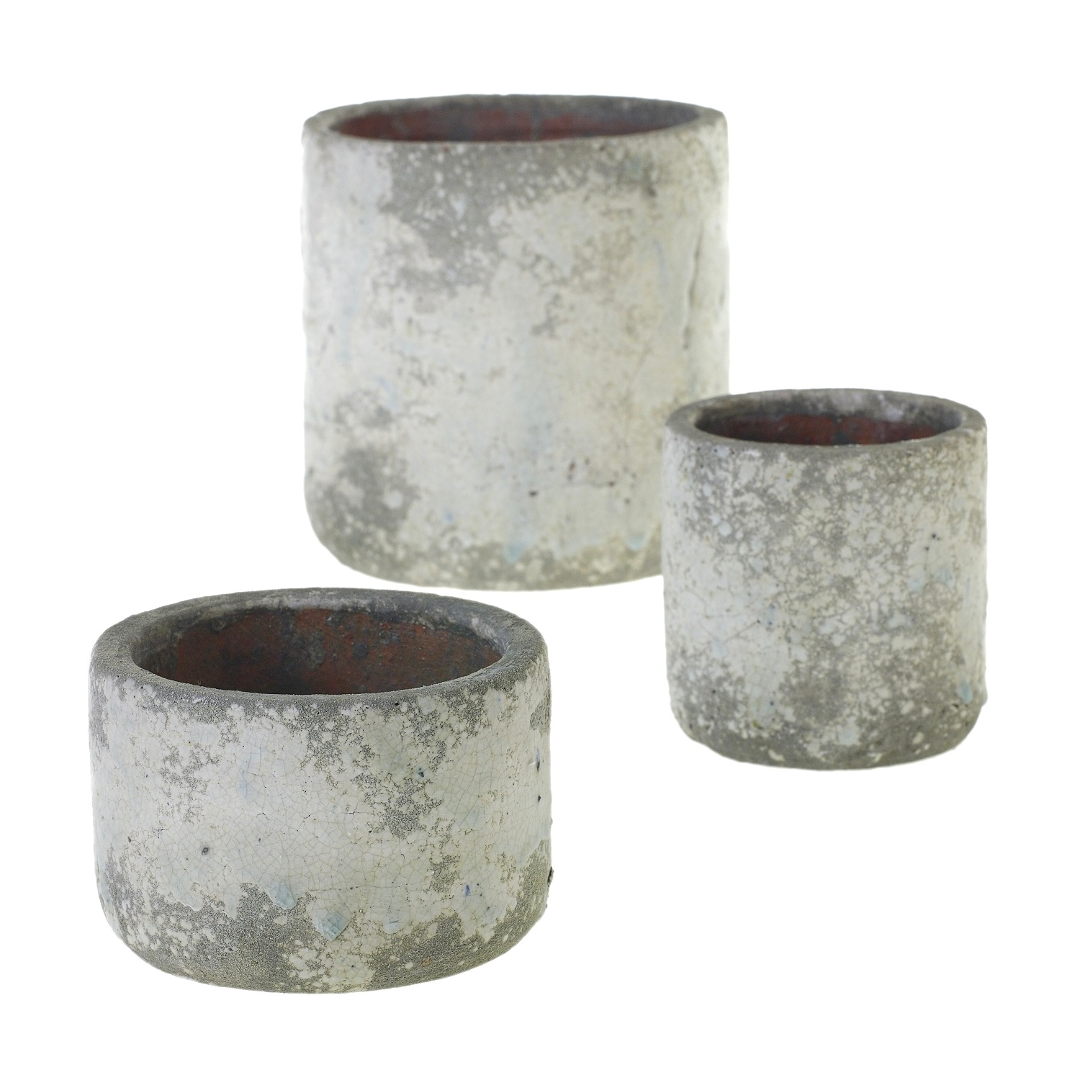 Three Rhodes pots in weathered gray-white crackle finish with red-brown interiors, in three sizes