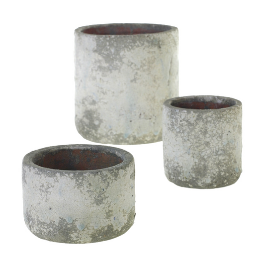 Three Rhodes pots in weathered gray-white crackle finish with red-brown interiors, in three sizes