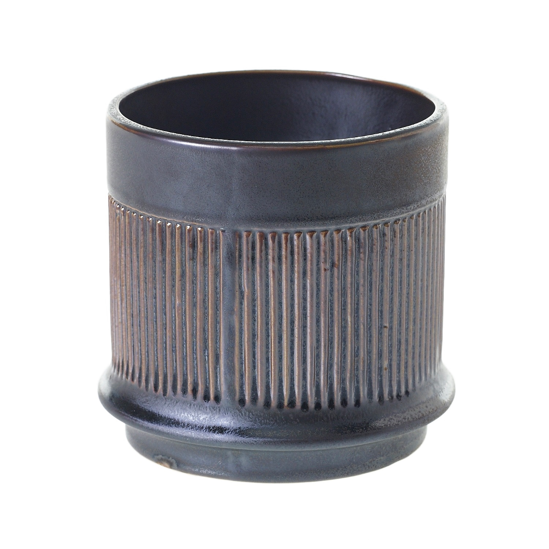 Medium Westcott pot in dark glaze with fine vertical ribbing and a rounded foot