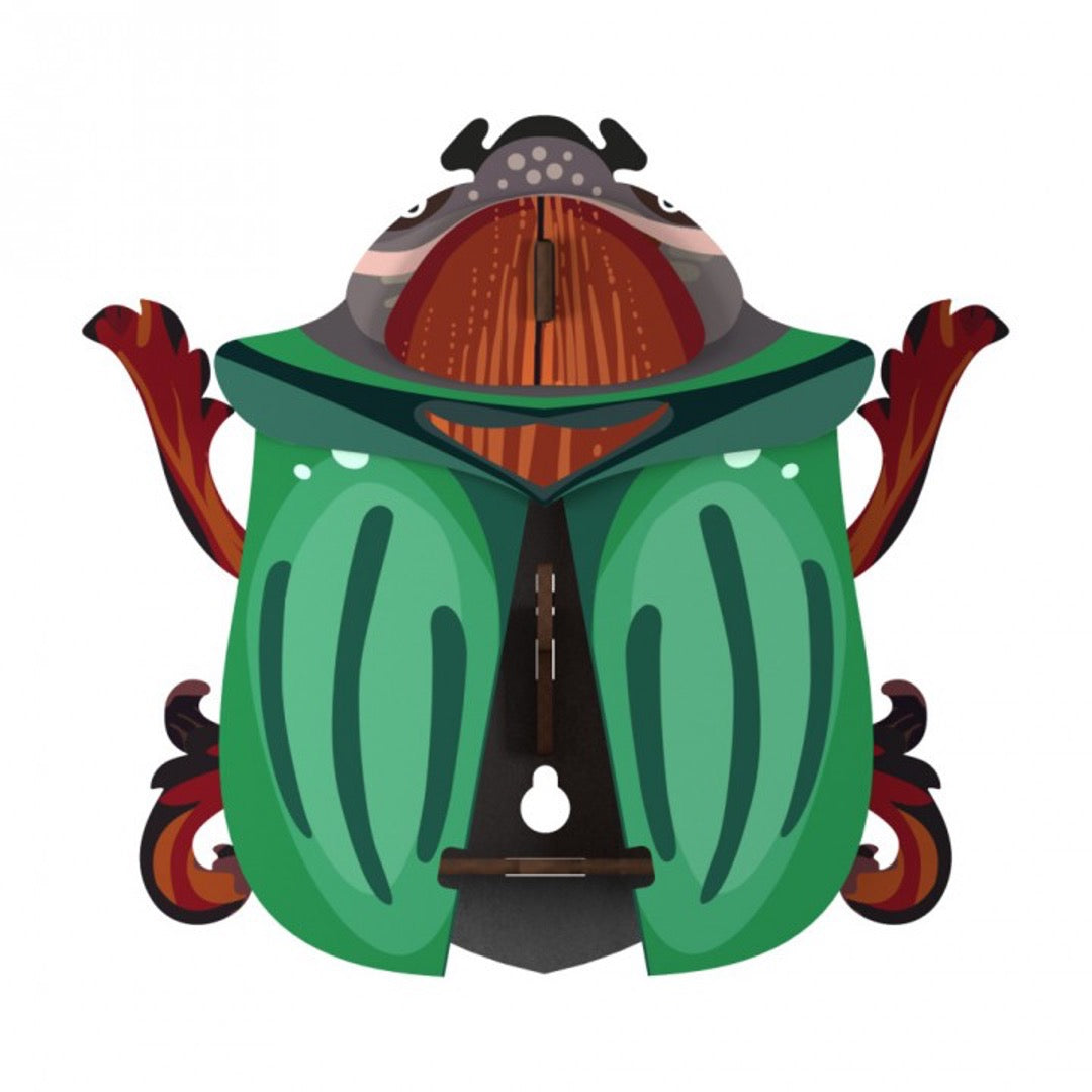Ringo beetle wall cabinet, wings open with inside storage, green tones and brown accents