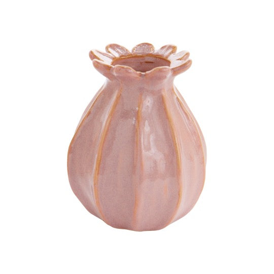 Tulip shaped ceramic budvase on white background.