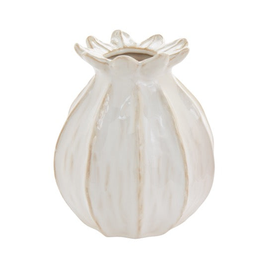 Tulip shaped ceramic budvase on white background.