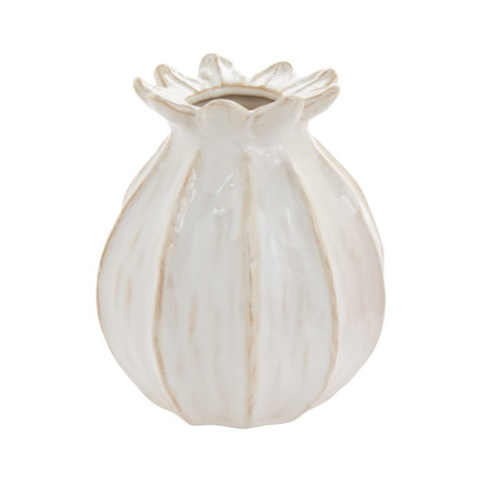 Tulip shaped ceramic budvase on white background.