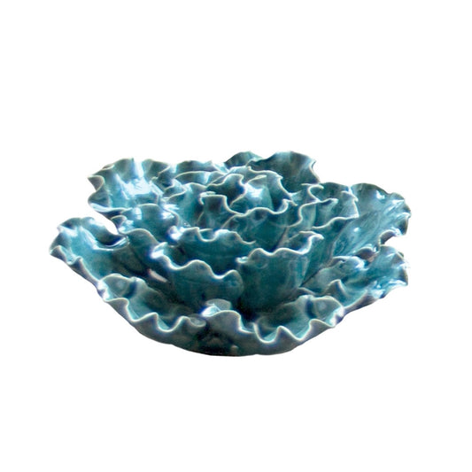 Ceramic sea lettuce in teal, side view.