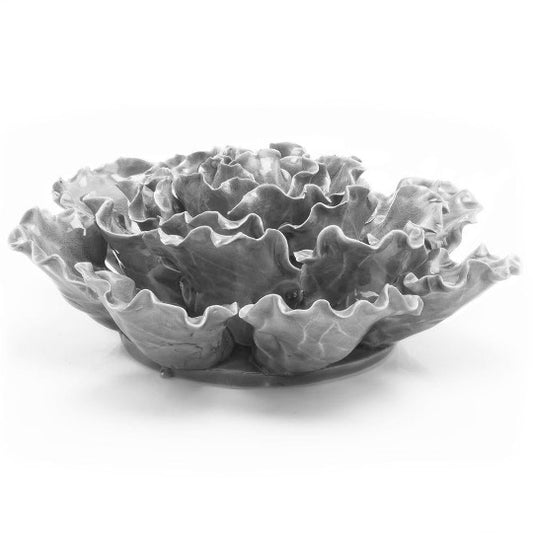 Gray sea lettuce coral sculpture with ruffled layered leaves, extra-large tabletop piece