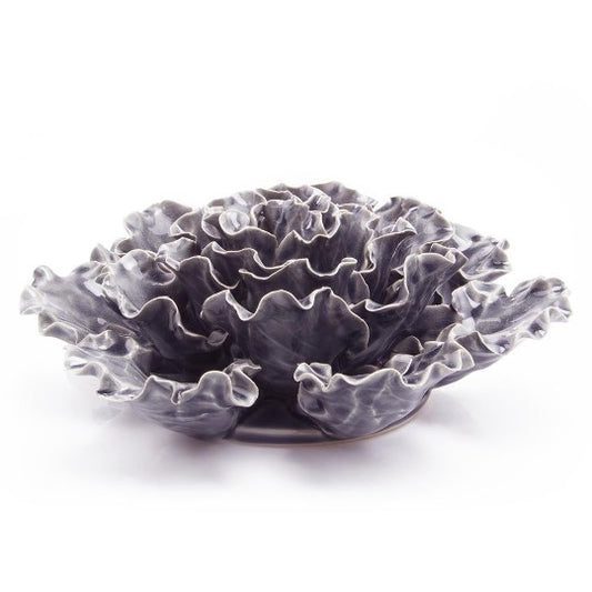 Ceramic sea lettuce in grey lilac color, angle top view.