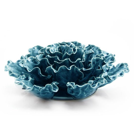 Ceramic sea lettuce in grey lilac color, angle top view.