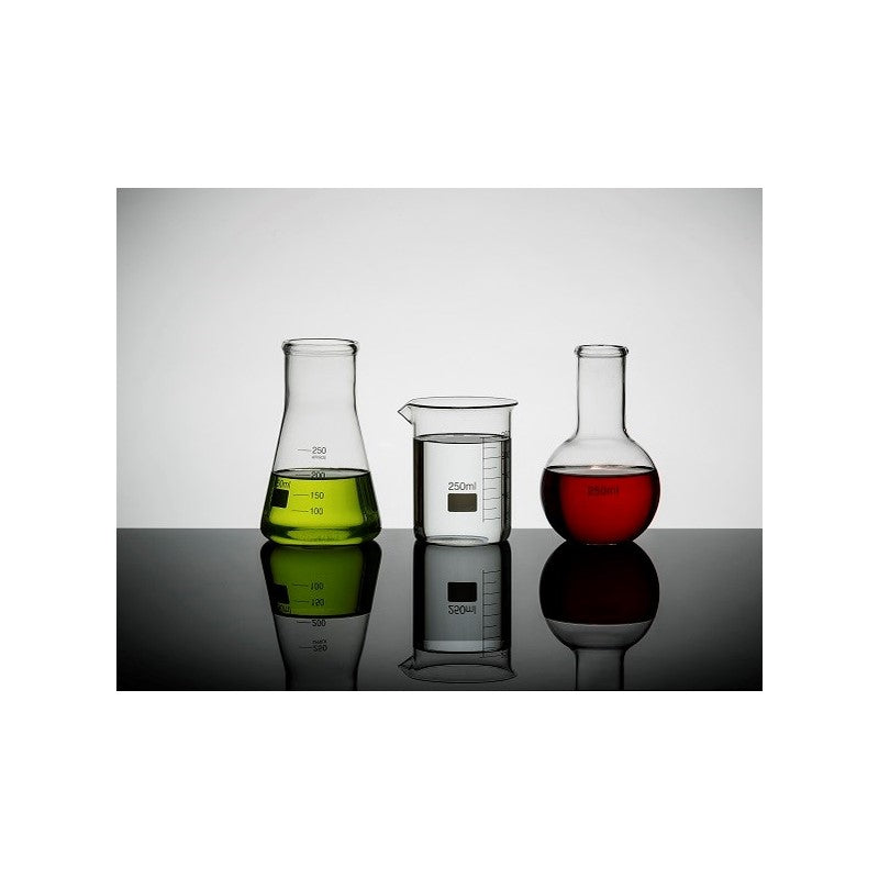 Set of 3 science flasks: Erlenmeyer flask with green liquid, beaker, and round flask with red liquid