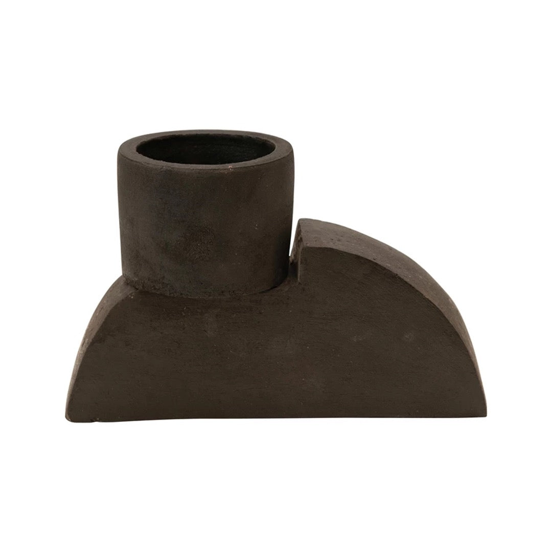 Short Torino candle holder in matte black terracotta with a round cup set on a half-moon base