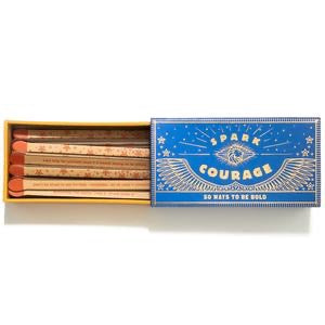 Spark Courage, 50 Ways To Be Bold, faux matchbox. Blue box with gold mystical designs.  Box open with faux matches inside. 