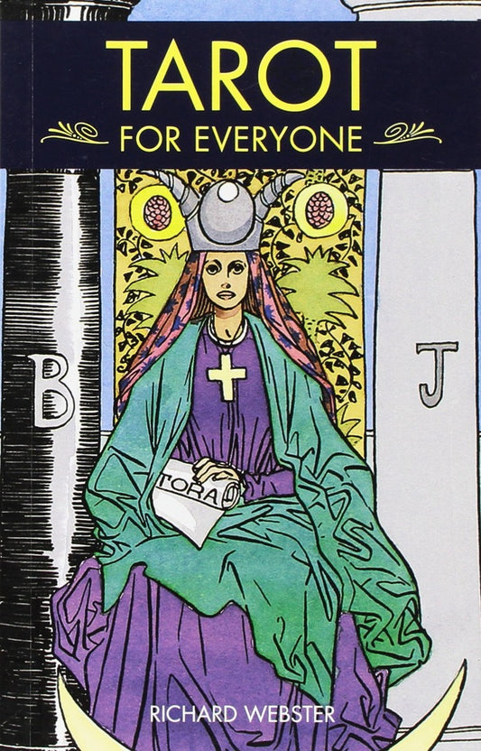 Close-up of the Tarot for Everyone cover with the High Priestess seated between pillars marked B and J