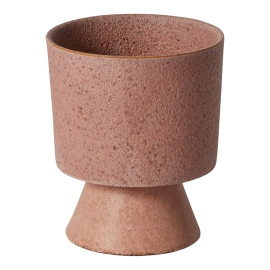 Large Tarte footed pot in matte pink with a textured speckled glaze and flared foot