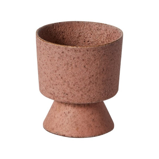 Small Tarte footed pot in speckled pink ceramic with a cone-shaped pedestal base