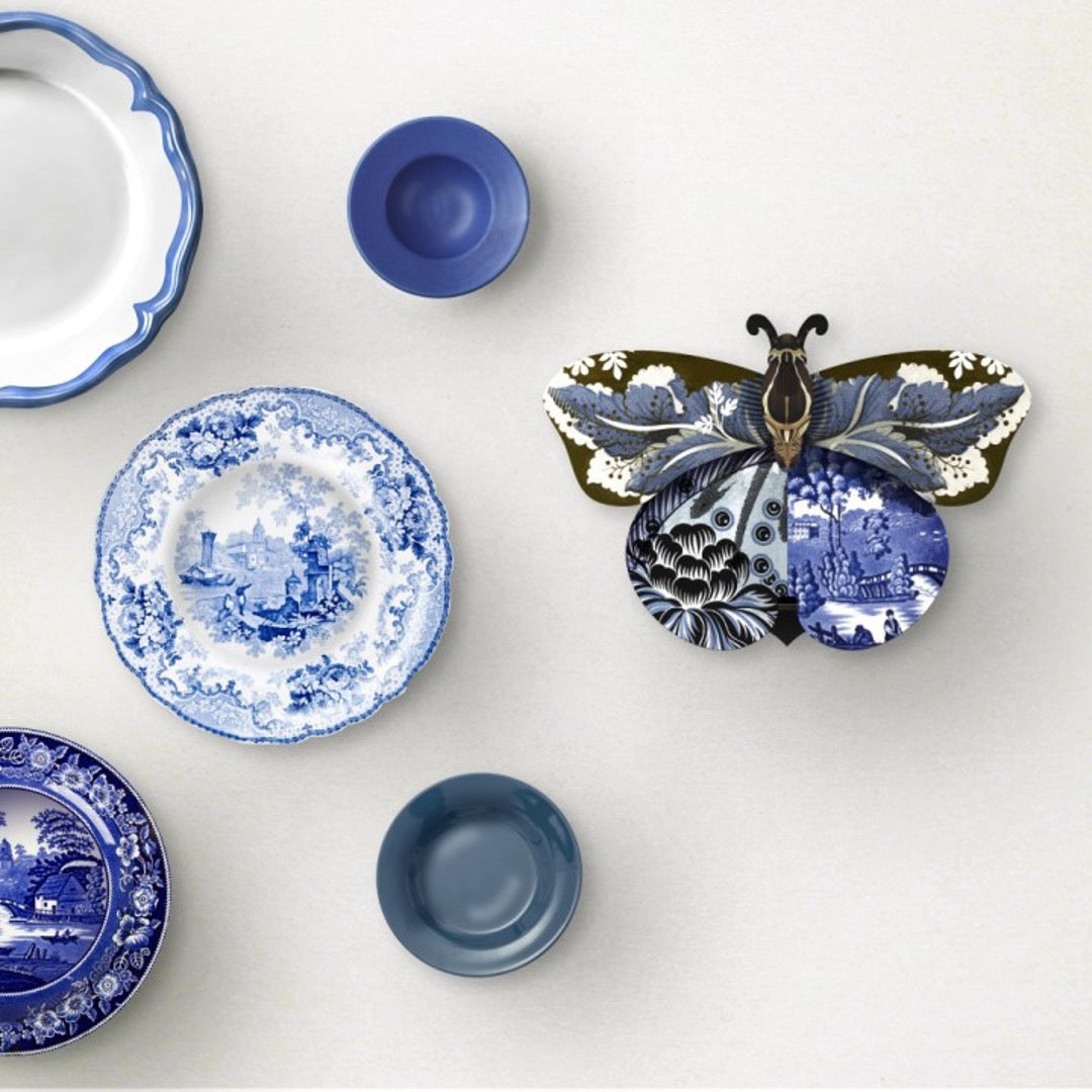 Tosca butterfly wall cabinet on mounted on white white wall with a variety of blue and white plates
